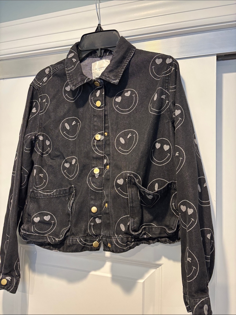 Kids Black Denim Jacket with Smiley Heart Print